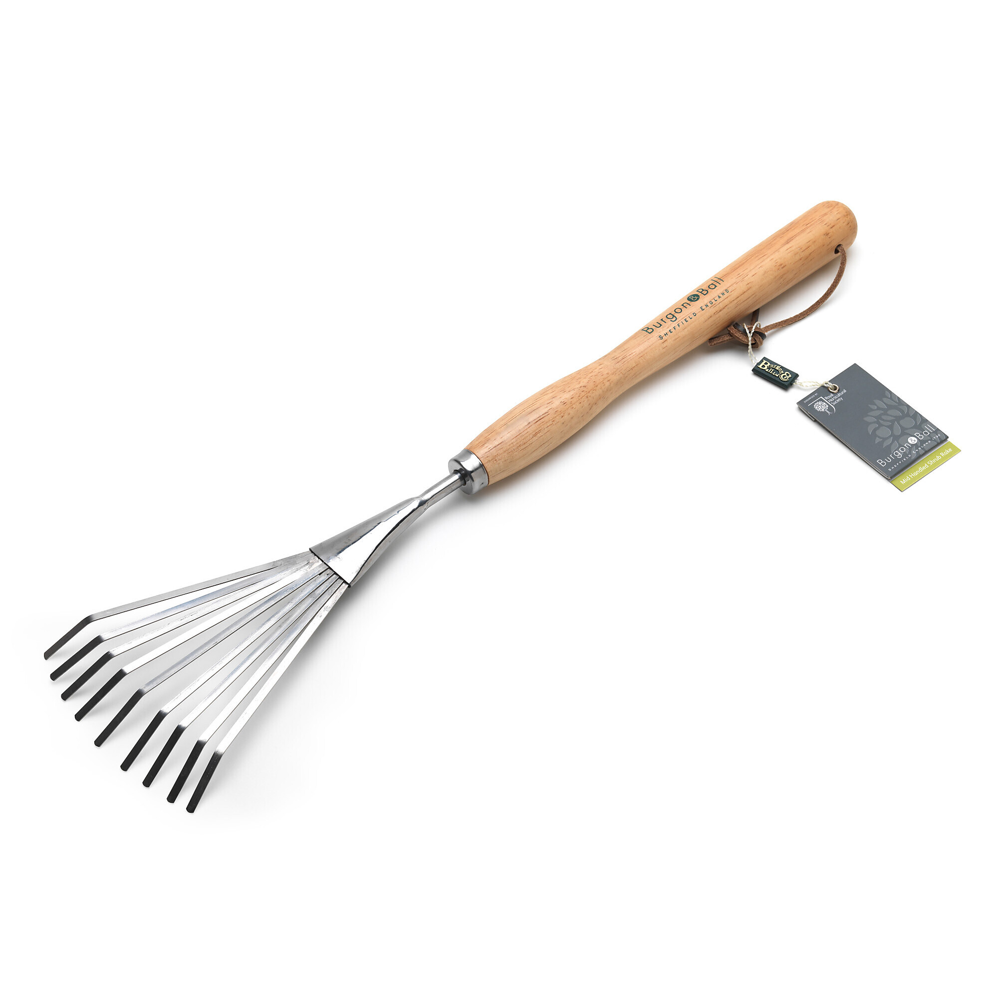 Burgon & Ball Mid-Handled Shrub Rake — Stainless Steel, Wood Grip, RHS Endorsed, Model# GTH/SSRMHRHS